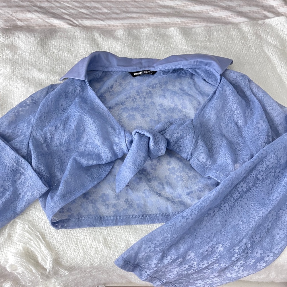 Blue Lace Tie-Front Top